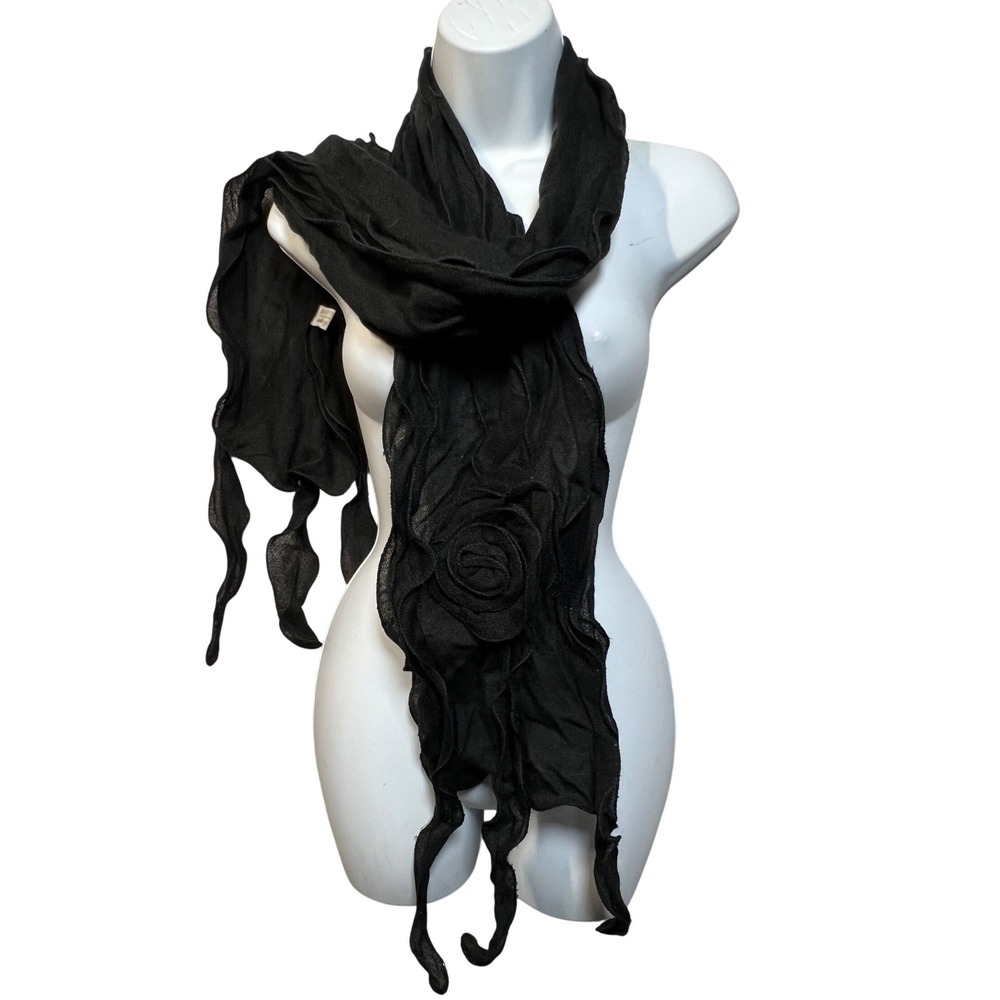 Black Sheer Knit Scarf with 3D Rosette Floral Lettuce Edge Romantic Goth